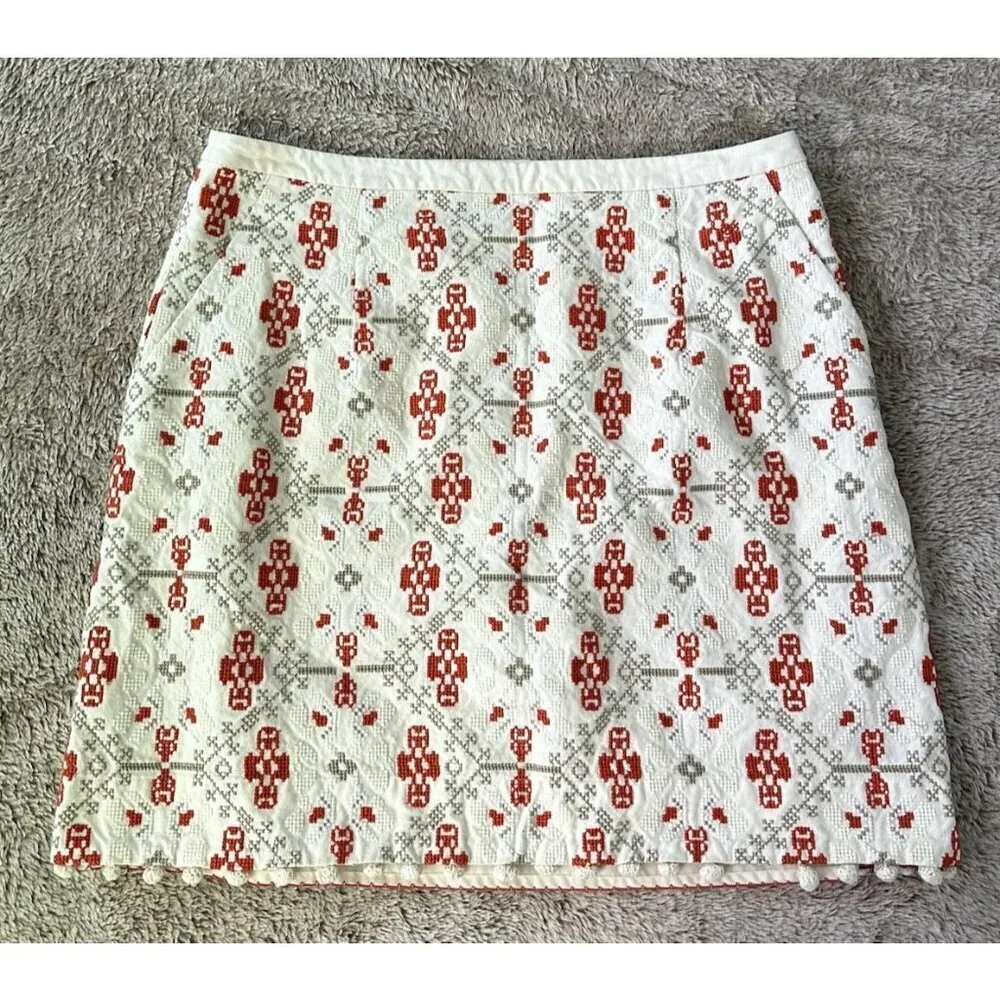 Maeve Cotton Embroidered Skirt Pompom Hem Lined Anthropologie Size 12 Cream Red
